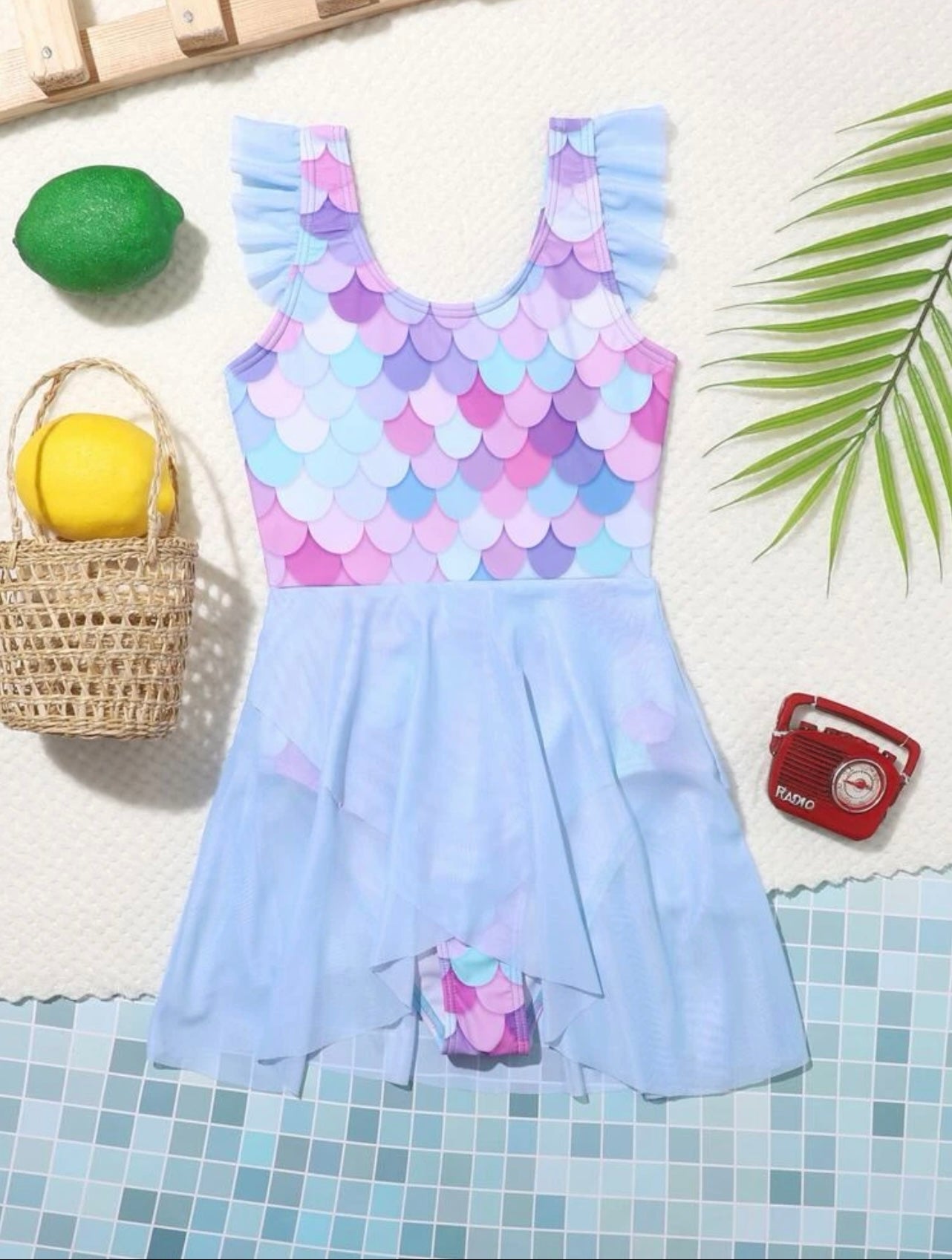 Girls Fish Scale Print Ruffle One Piece Swimsuit