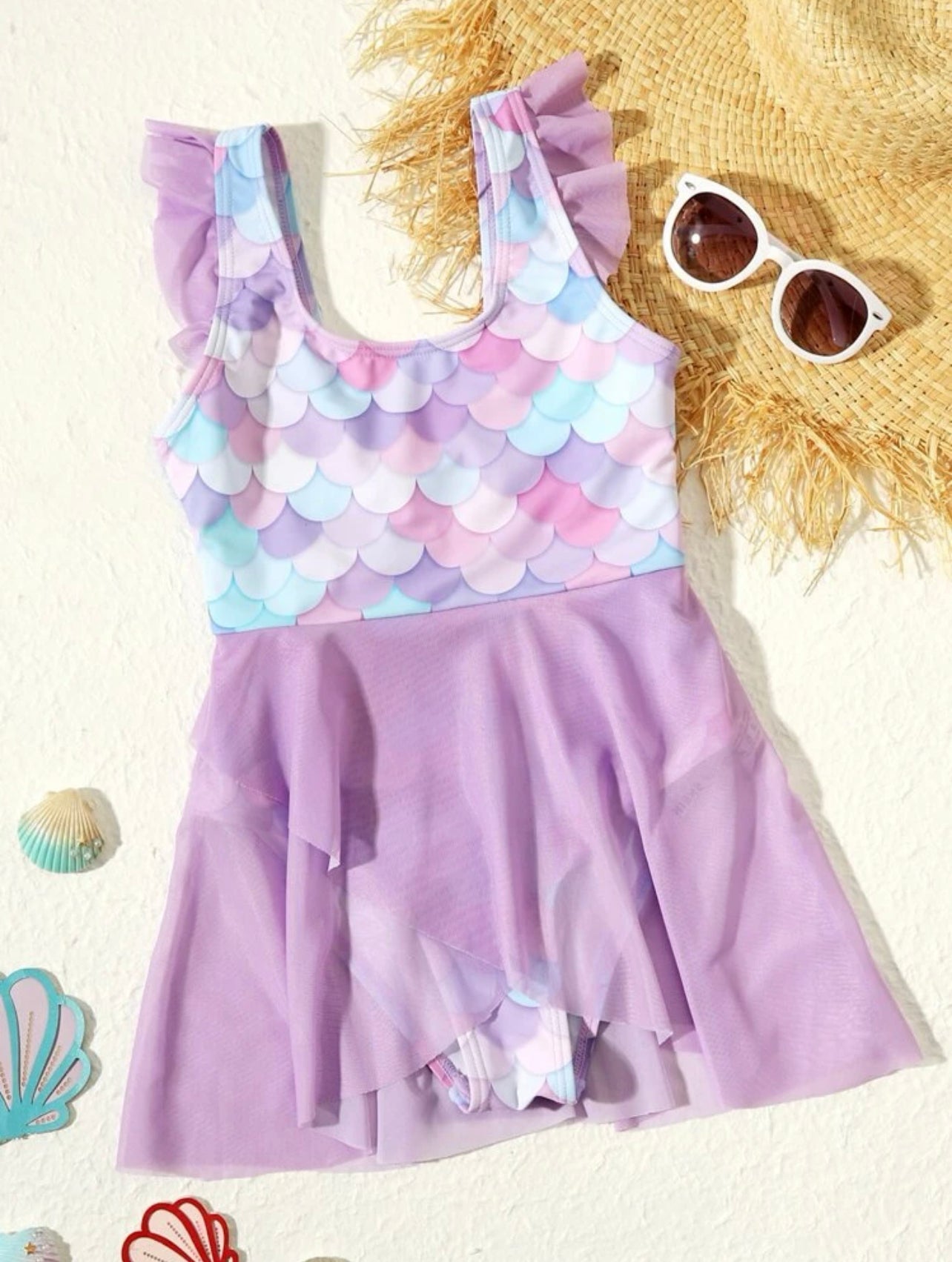 Girls Fish Scale Print Ruffle One Piece Swimsuit