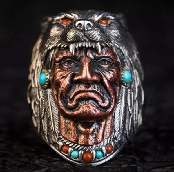 Handmade Silver Vintage Inspired Indian Chief ring. Adjustable in size.