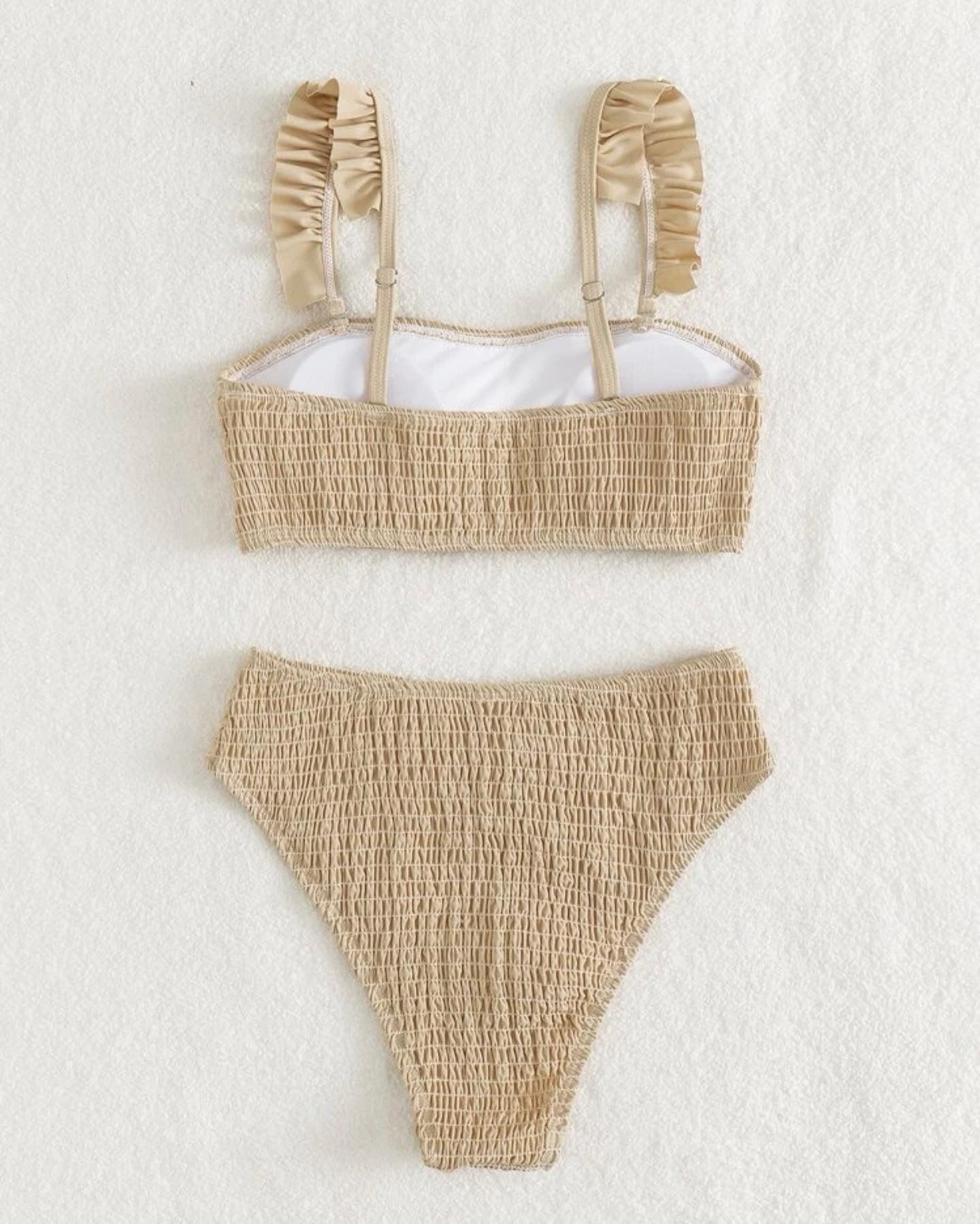 Solid smocked frill trim bikini swimsuit