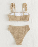 Solid smocked frill trim bikini swimsuit
