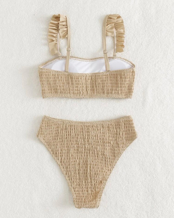 Solid smocked frill trim bikini swimsuit