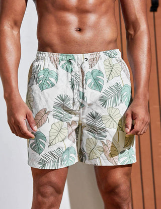 Men’s tropical print drawstring waist swim trunks