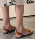 Leopard print faux pearl decor ankle strap sandals