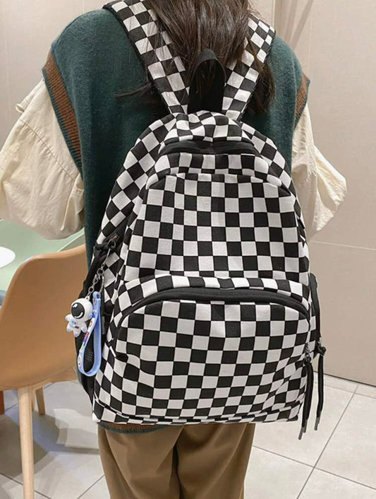 Checkered print mesh detail functional backpack with bag charm