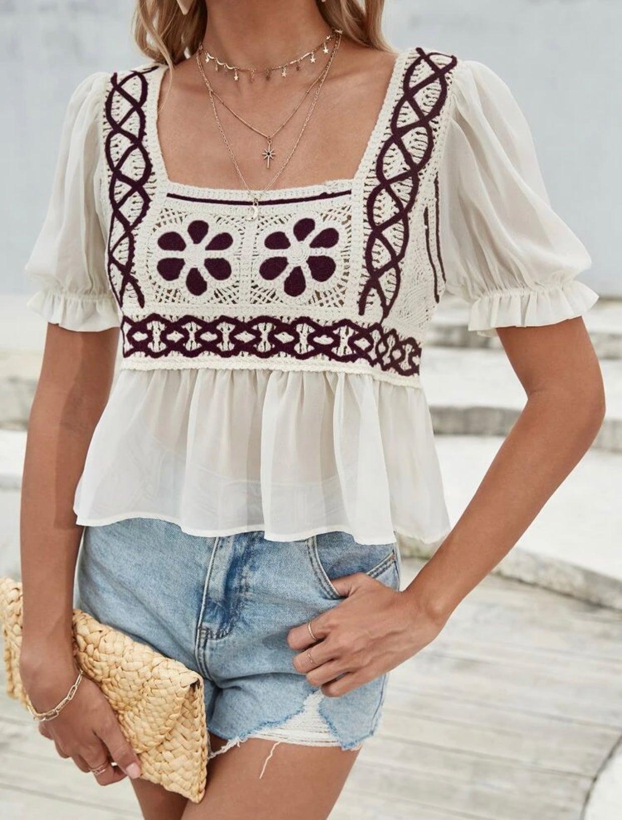 Crochet detail flounce sleeve peplum top