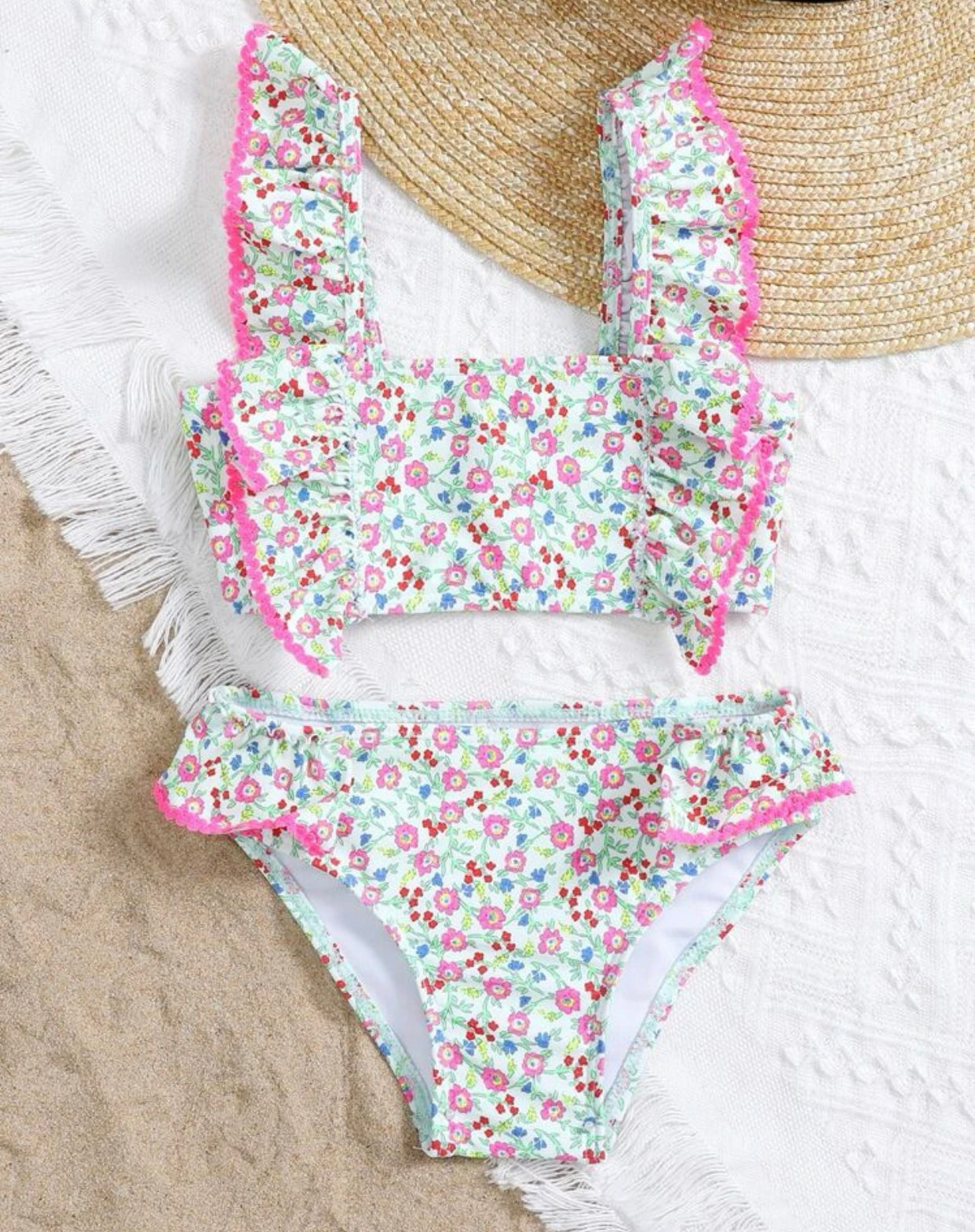 Toddler girls random floral print ruffle trim bikini swimsuit
