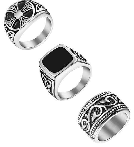 Set of three men’s stainless steel rings.