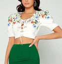 Butterfly & floral print lace up front crop blouse