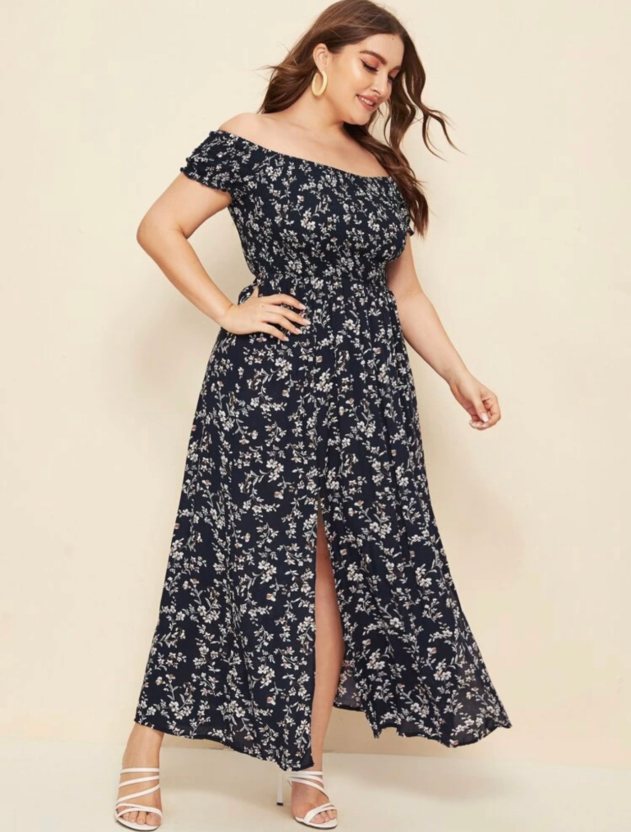 Curve & plus off shoulder shirred split ditsy floral dress