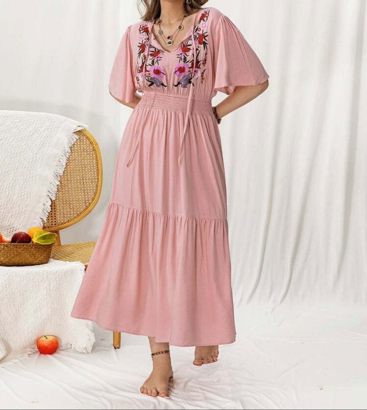 Curve & plus floral embroidered butterfly sleeve shirred waist dress
