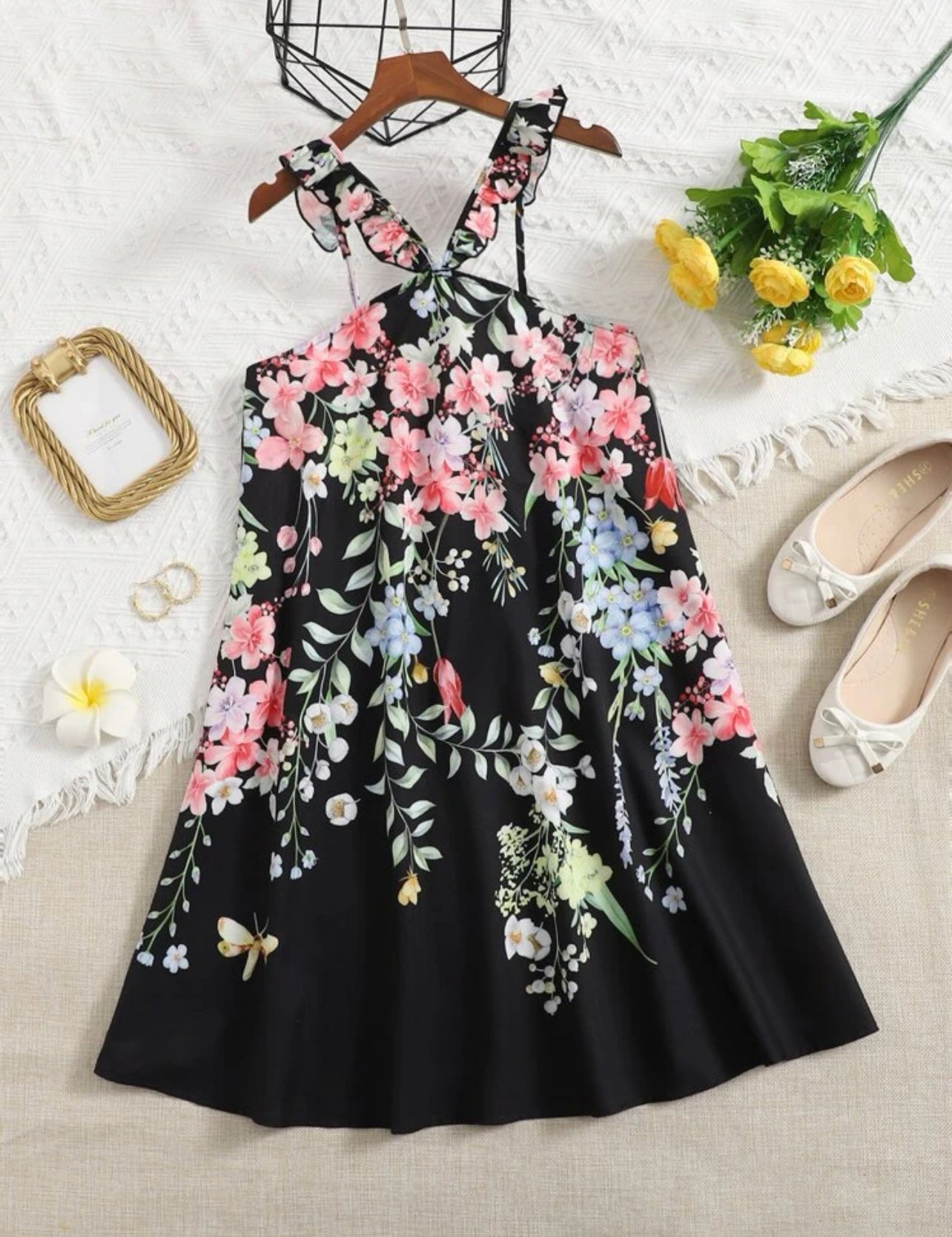 Teen Girls Floral Print Ruffle Trim Dress