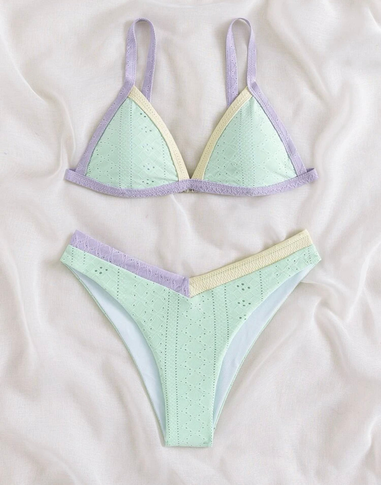 Colorblock eyelet embroidered micro triangle bikini swimsuit