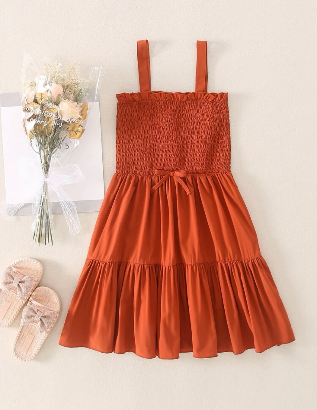 Toddler Girls Shirred Bow Front Ruffle Hem Cami Dress