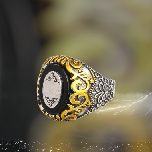 Men’s two tone scroll engraved statement ring.