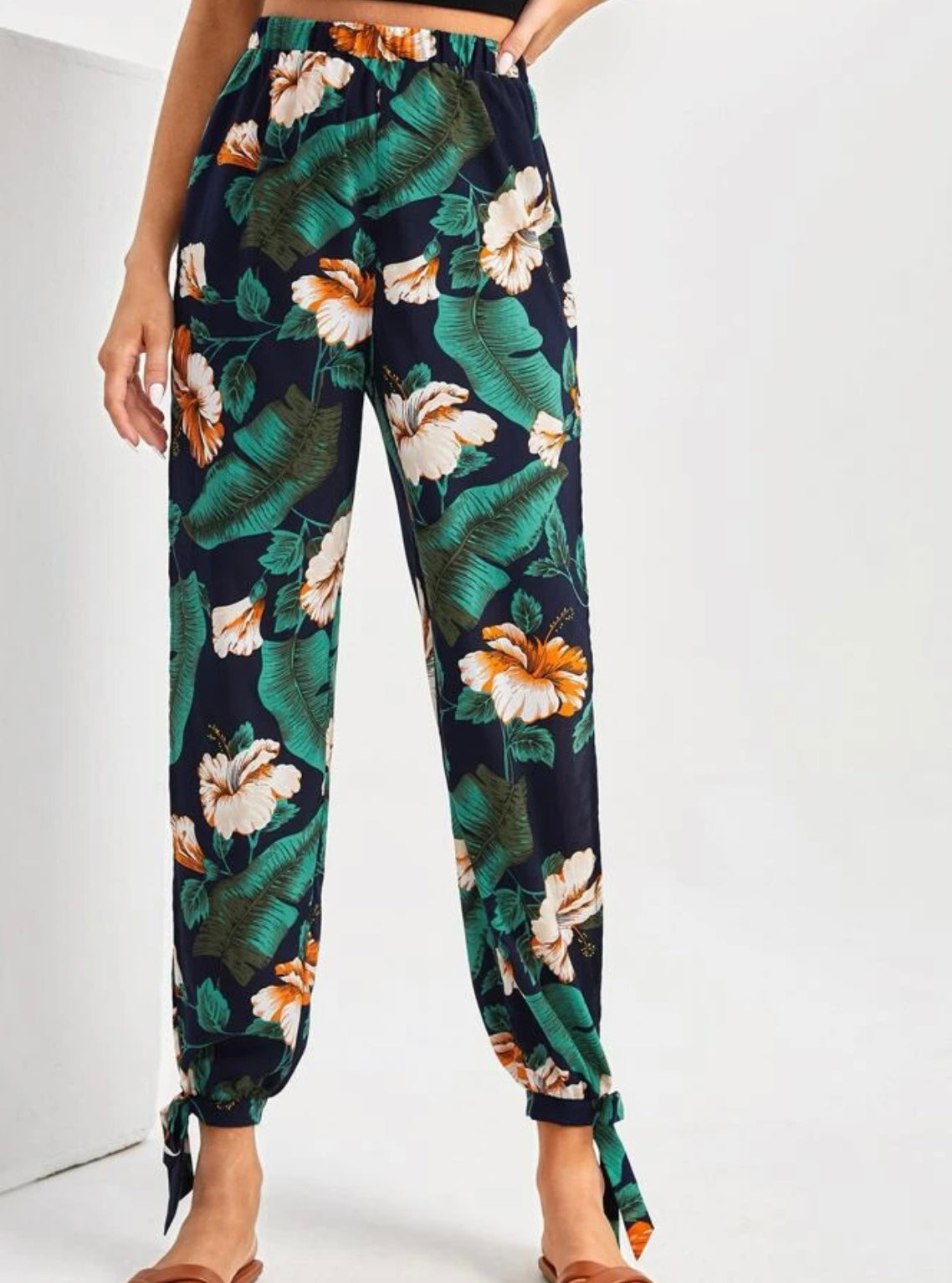 Tall tropical print split side knot hem pants