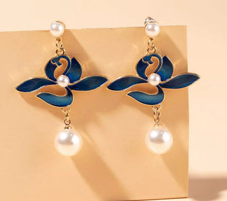 Blue enamel flower pearl gold plated dangle earrings