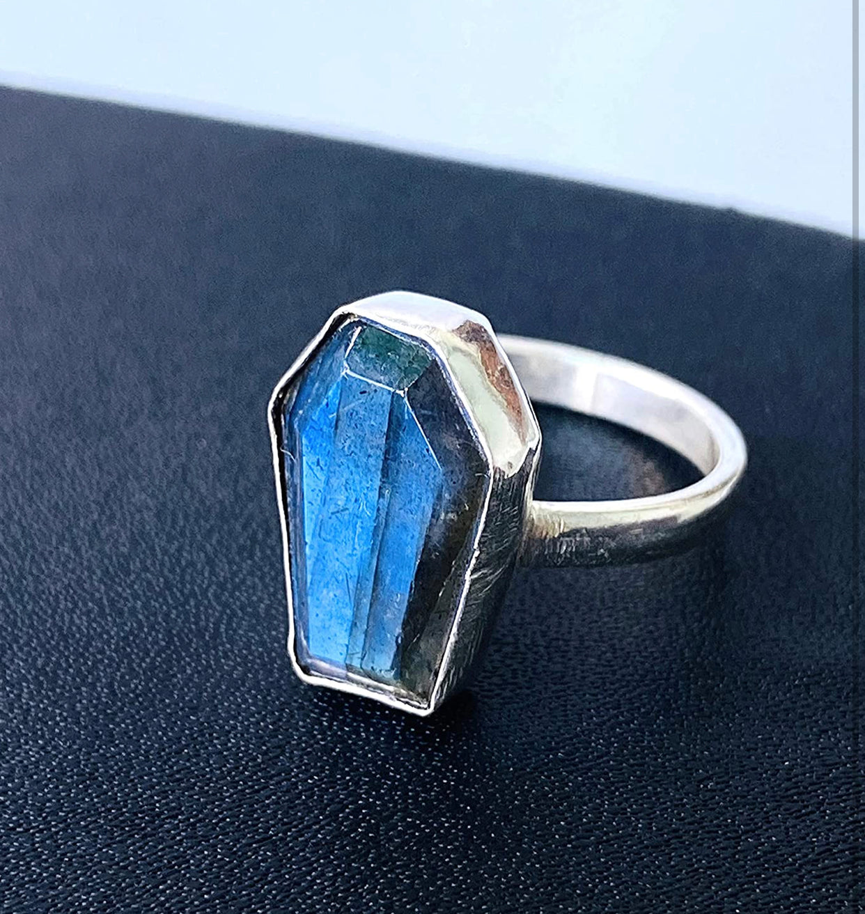 Labradorite Coffin Ring, Natural Multi Fire Gemstone Healing Crystal Jewelry, Adjustable Ring, Dainty Women Bezel Ring