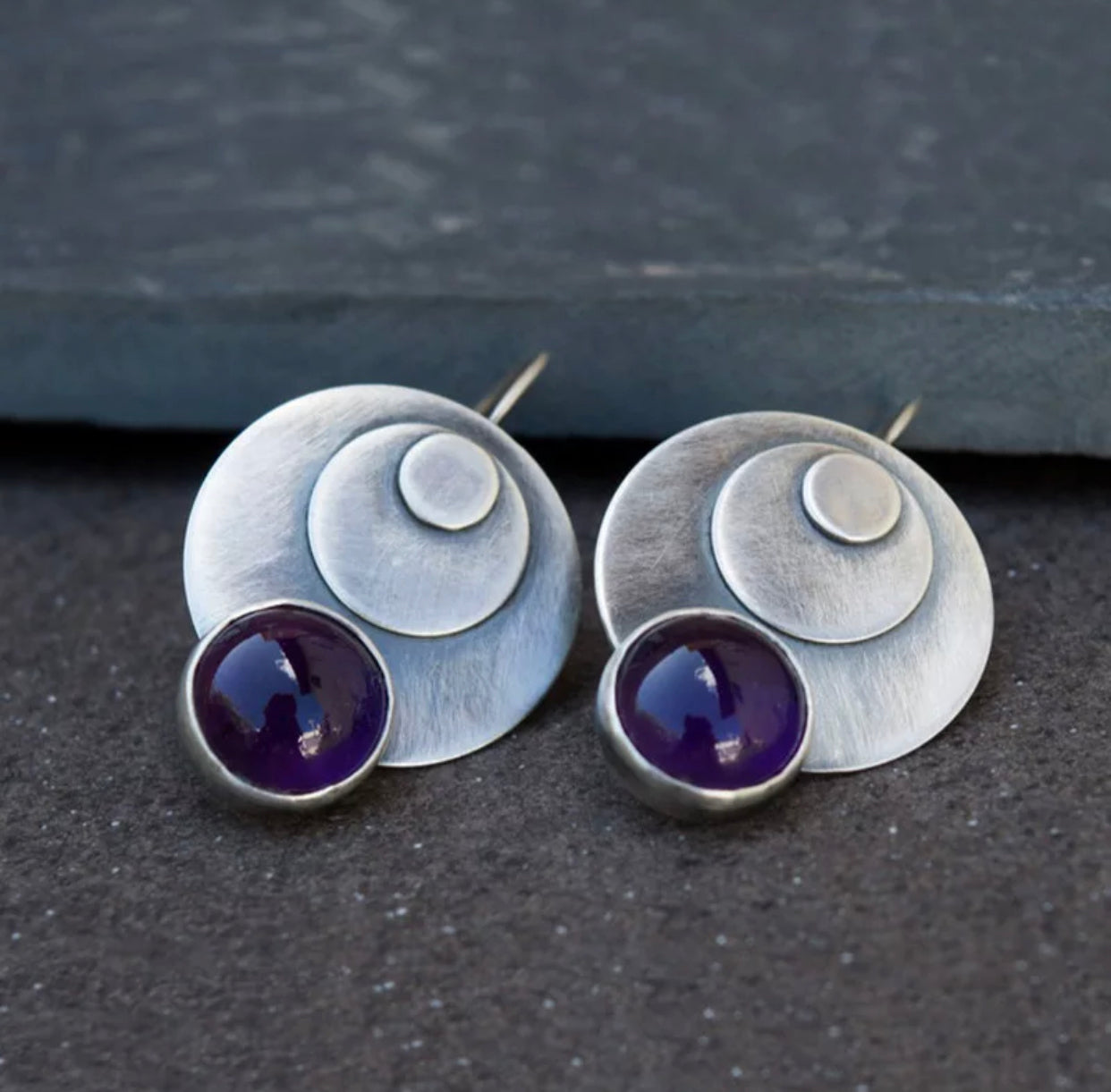 Retro Round Metal Purple Stone Drop Earrings