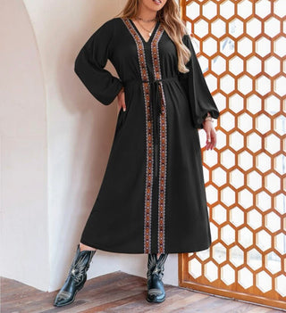 Curve & plus geo embroidered lantern sleeve belted dress