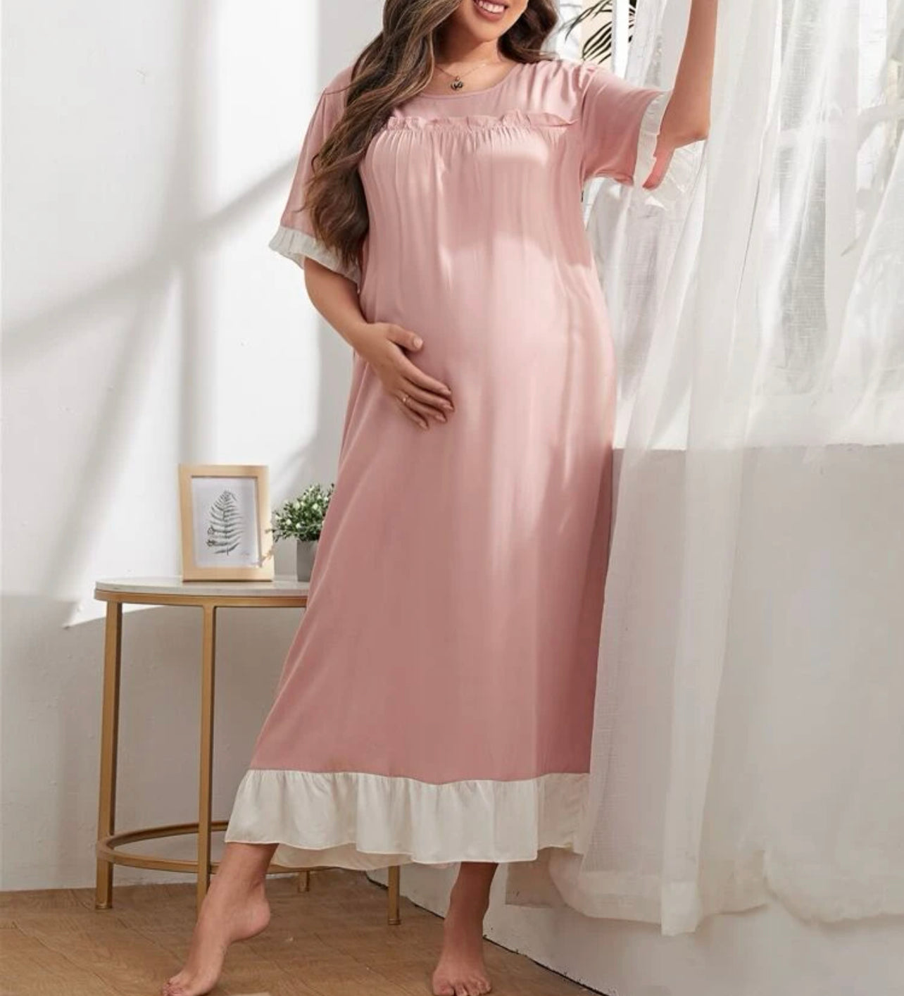 Maternity Ruffle Trim Flounce Sleeve Lounge Dress