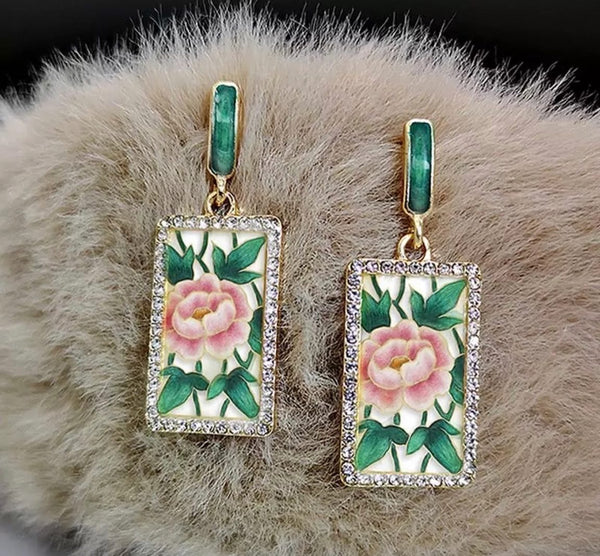 Rose Print Enamel Drop Earrings