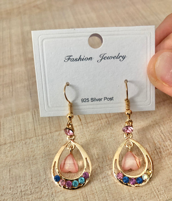 Pink decor gold dangle earrings