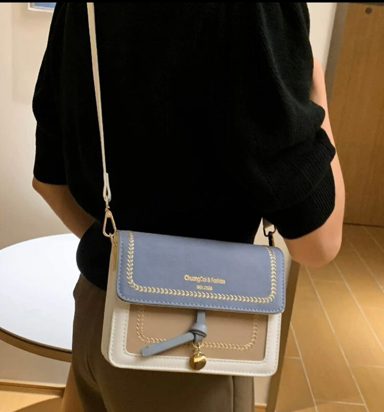 Mini color block stitch detail flap crossbody bag