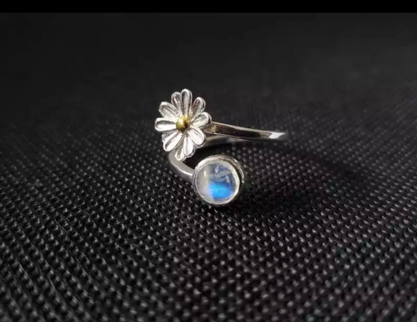 Bohemian Leaf Flower Moonstone Opal Opening Womens Ring For Fine Daisy Female Rings