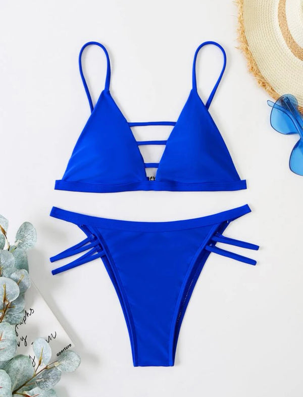 Cut out blue thong bikini swimsuit