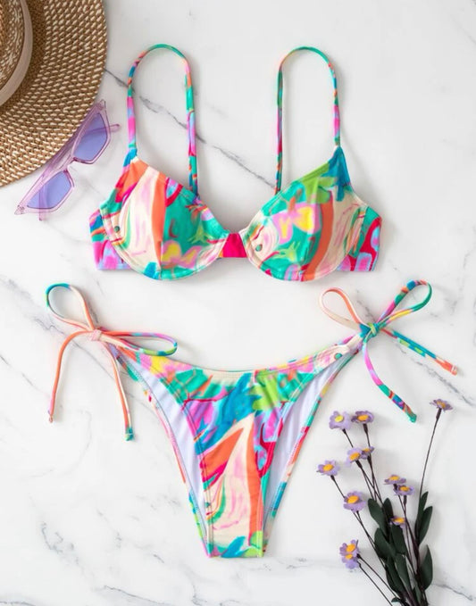 Graffiti print underwire bikini swimsuit