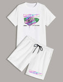 Guys letter floral graphic tee and graphic tee and drawstring shorts