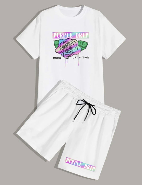 Guys letter floral graphic tee and graphic tee and drawstring shorts