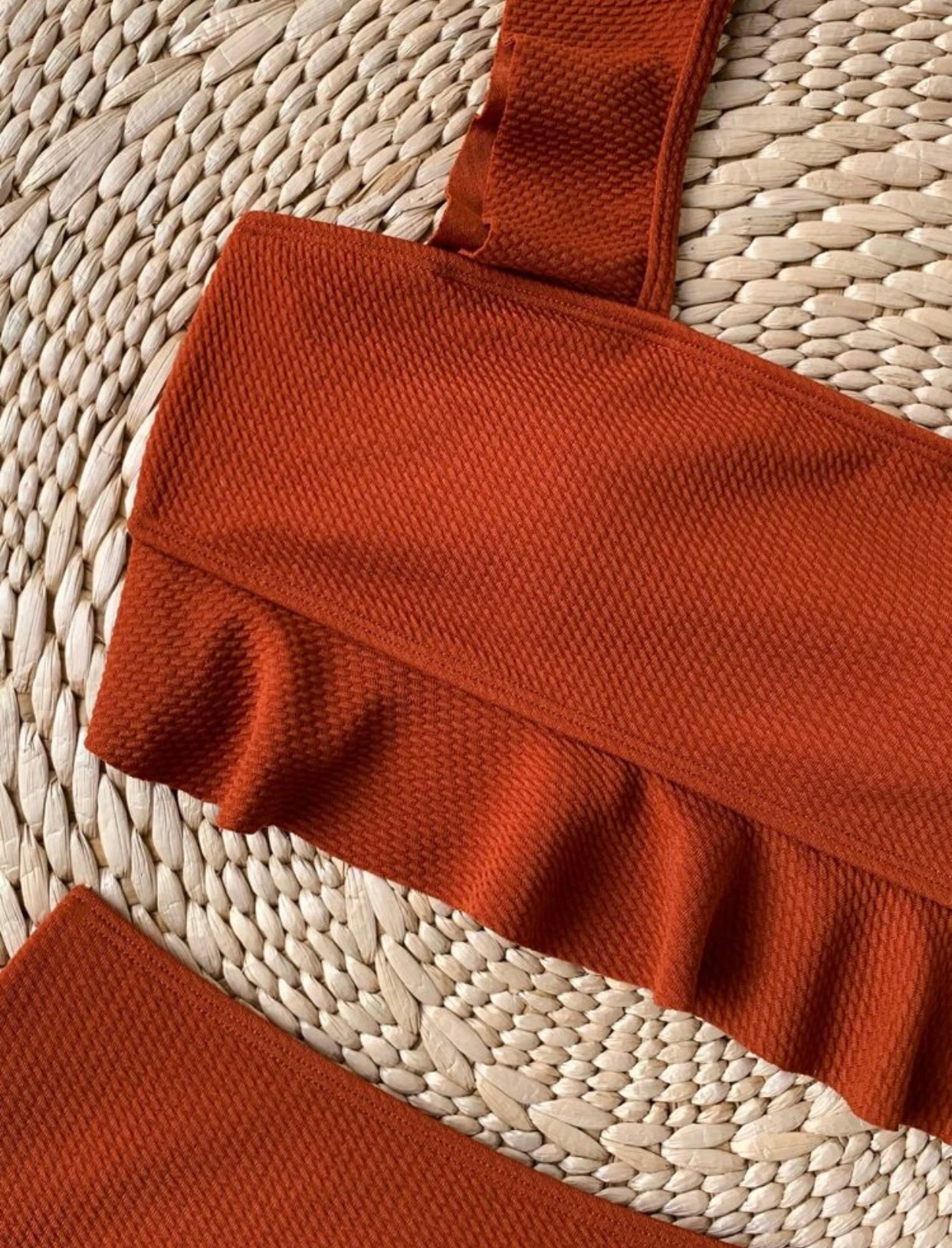 Rust brown ruffle trim high waisted bikini swimsuit