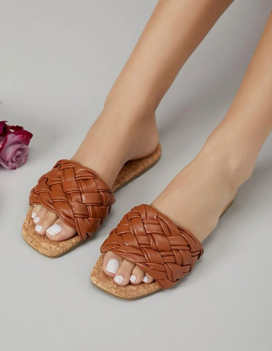 Solid Criss Cross Detail Curved Toe Flat Sliders