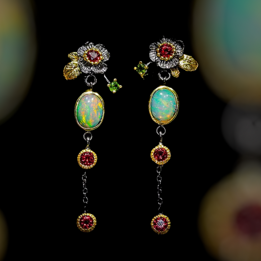 Plant leaf fire Opal long tassel earrings