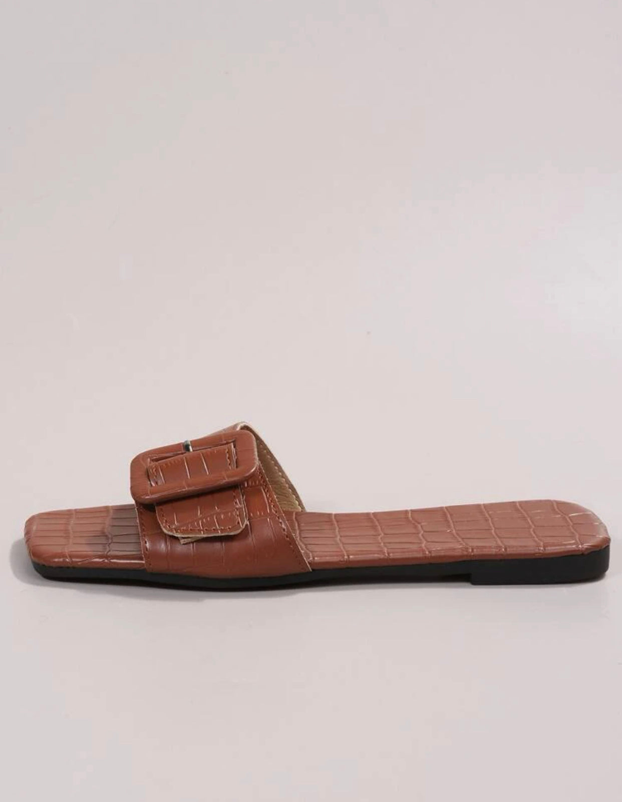 Brown vegan crocodile embossed buckle  decor slide sandals
