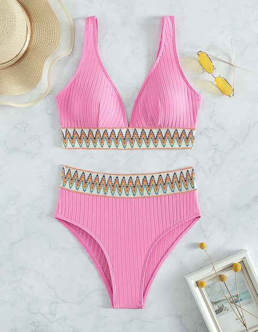 Chevron tape ribbed knit bikini swimsuit