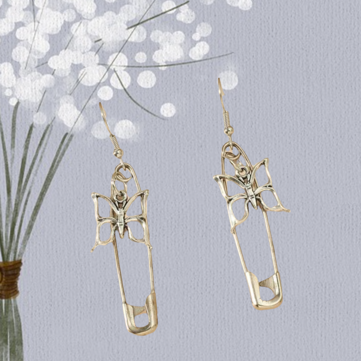 Butterfly & safety pin charm drop earrings