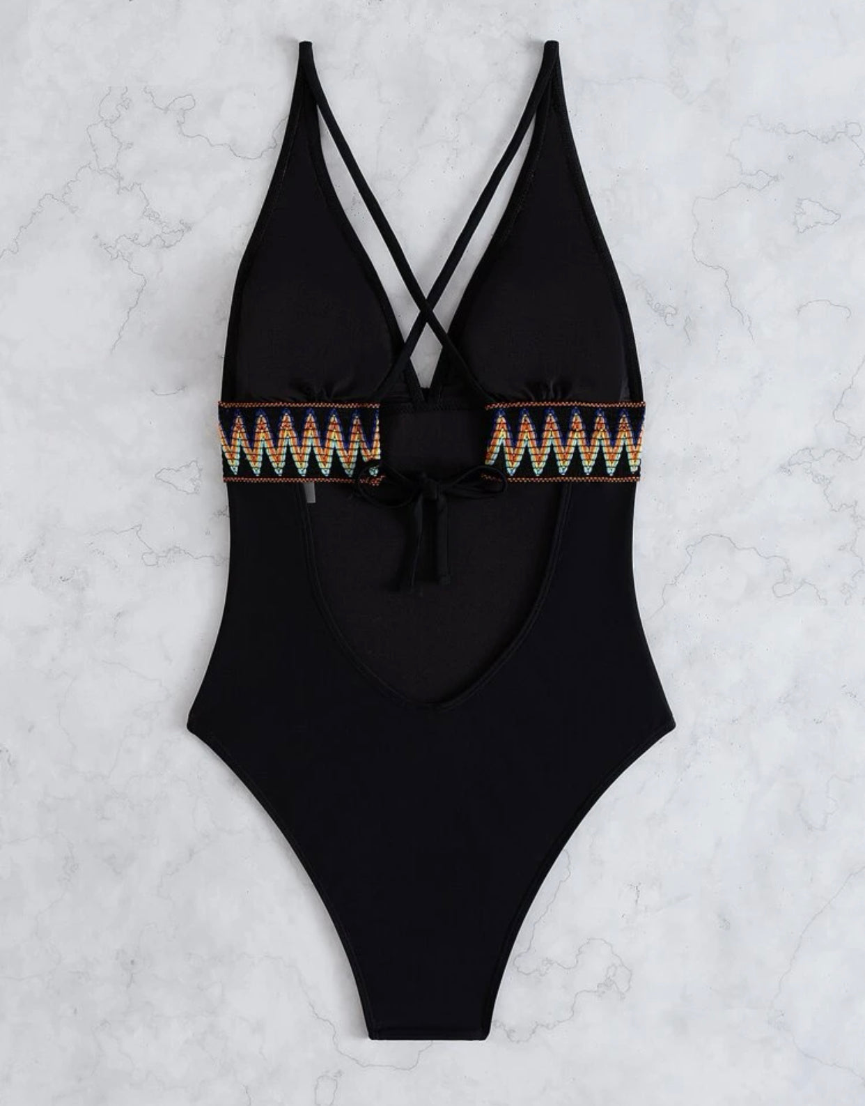 Geo tape plunging one piece swimsuit