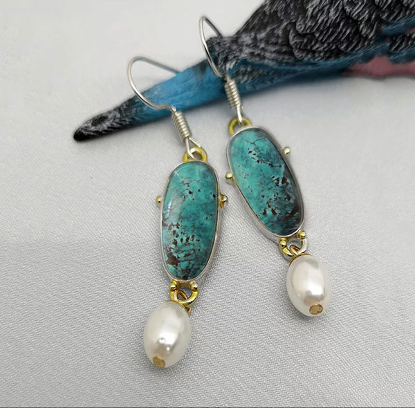 Green/blue turquoise and Pearl inspired dangle earrings. - Christina’s unique boutique LLC