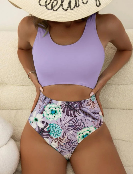 Random tropical print cut out one piece swimsuit