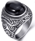 Men Stainless Steel Natural Oval Black Onyx Gem Ring - Christina’s unique boutique LLC