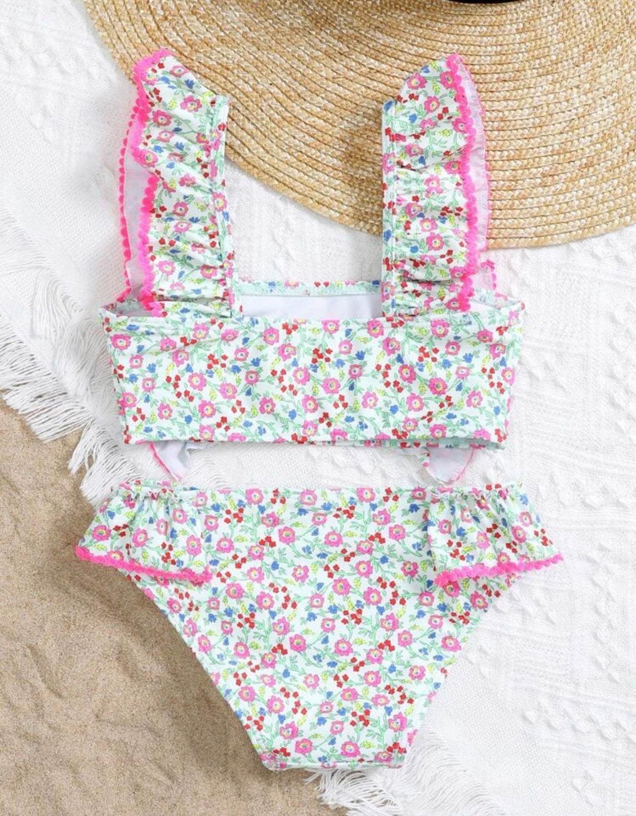 Toddler girls random floral print ruffle trim bikini swimsuit