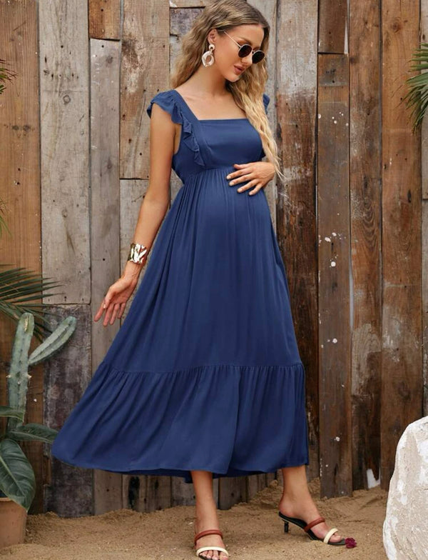 Maternity frill trim strap tied backless dress