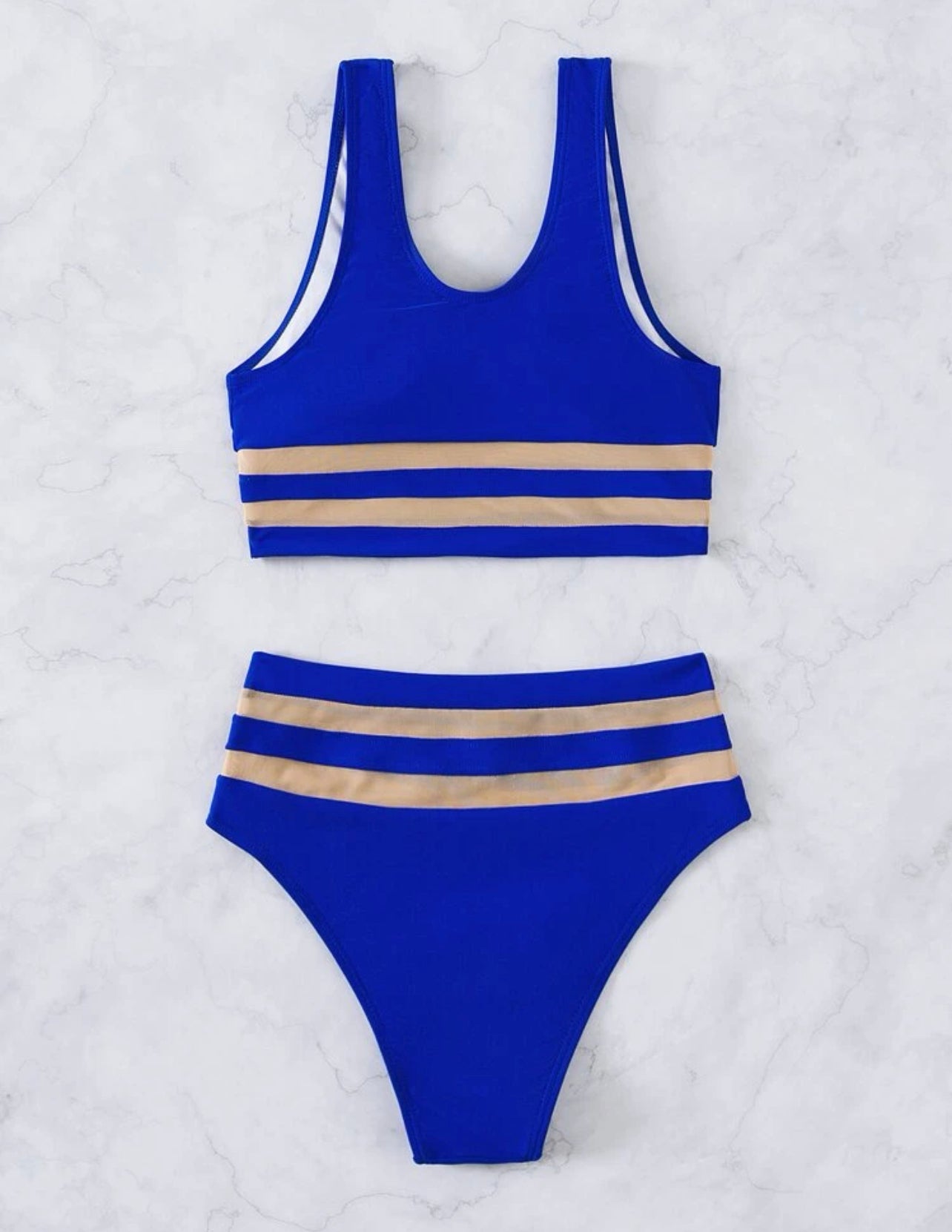 Solid Contrast Mesh Bikini Swimsuit