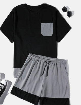 Extended sizes men color block patched pocket tee & drawstring waist short