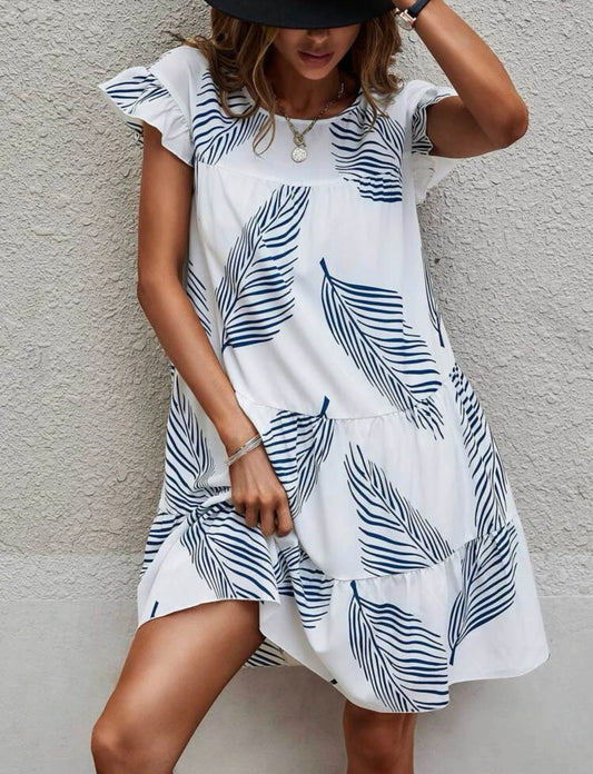 Plant print ruffle flounce sleeve smock dress