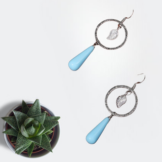 Leaf & circle decor water-drop earrings