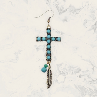 Bohemain Beaded Natural Blue Stone Antique Gold Cross Feather Metal Earrings